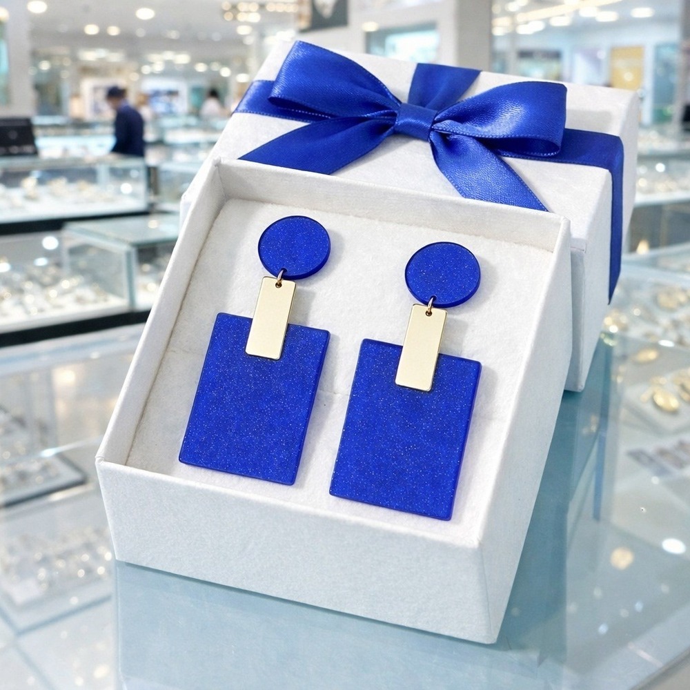 Earrings‎ Rectangle Blue & Gold Tone Top Round Bottom Rectangle